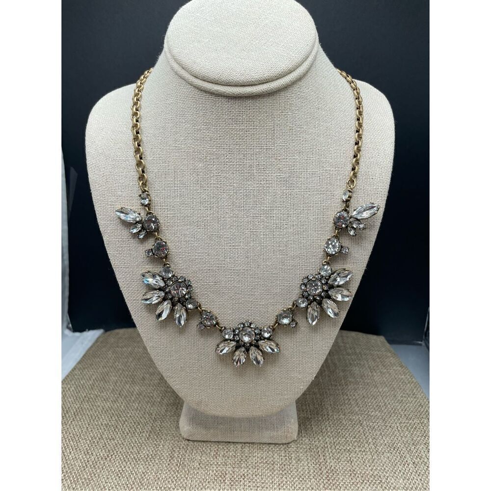 Vintage J. Crew Brilliant Faceted Rhinestone Antiqued Gold Necklace  23" Stateme